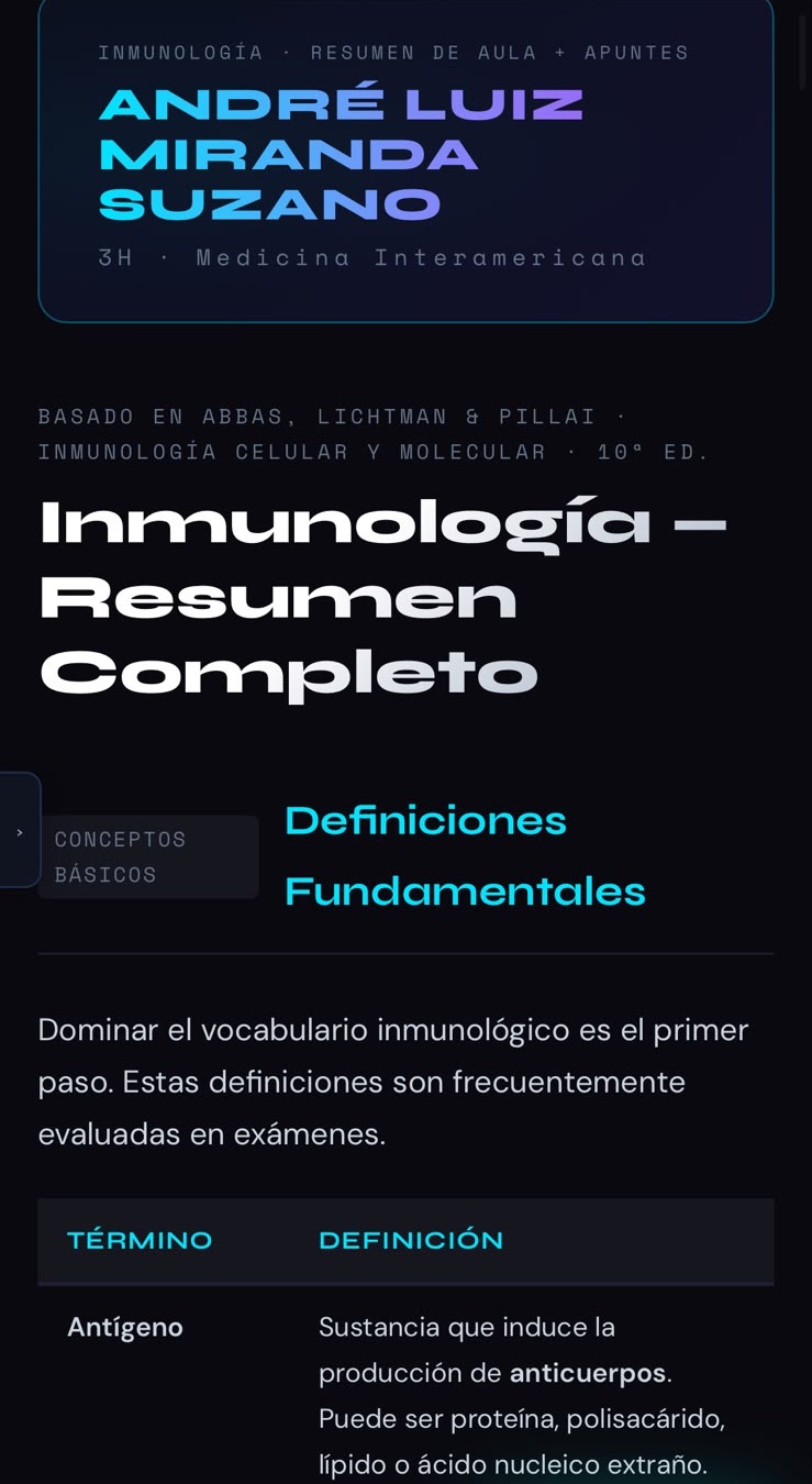 Resumo de Inmunología aberto no celular, com a tabela de definições fundamentais